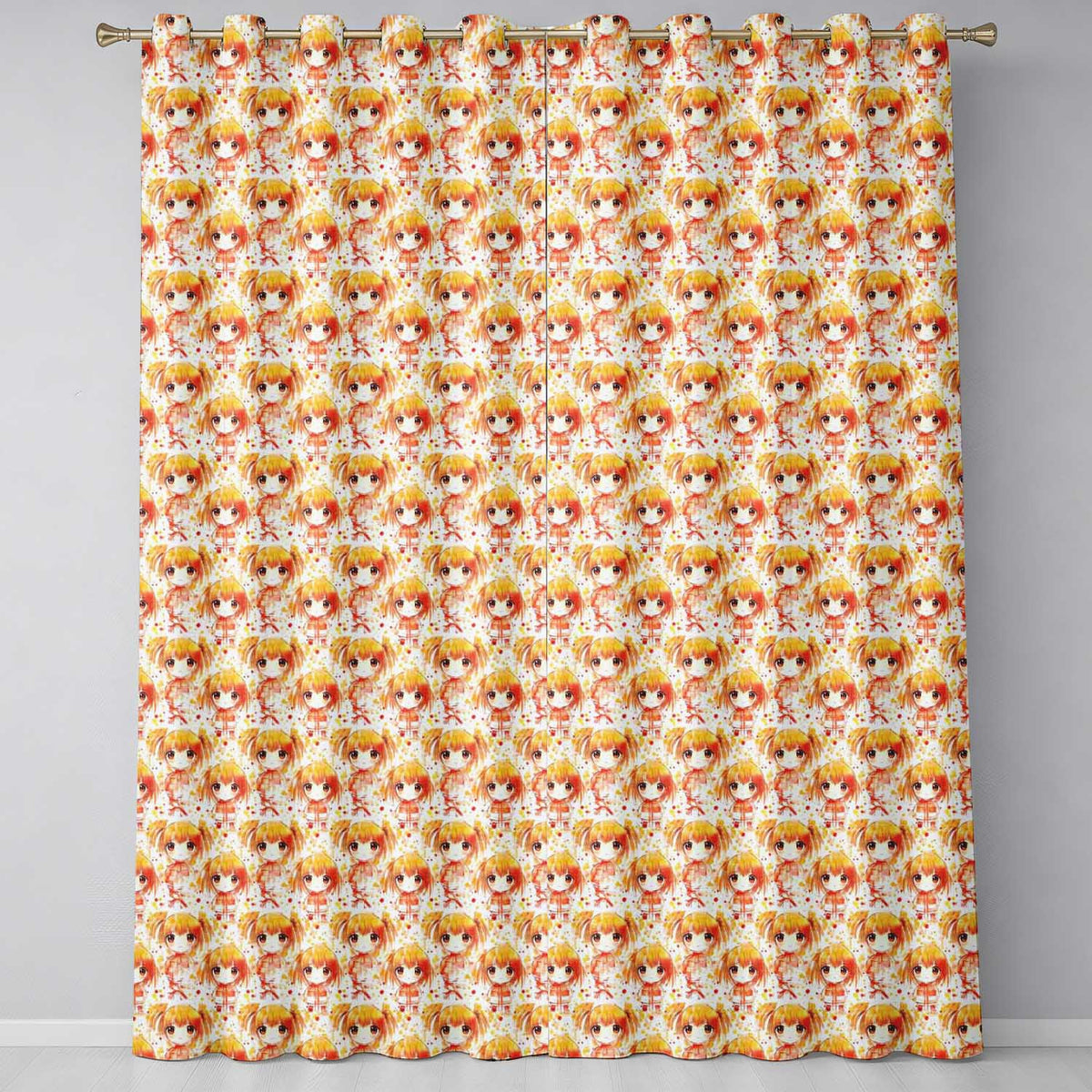 Anime Girl Orange Watercolour Kawaii Character Design Readymade Eyelet Ring Top Thermal 100% Blackout Curtains