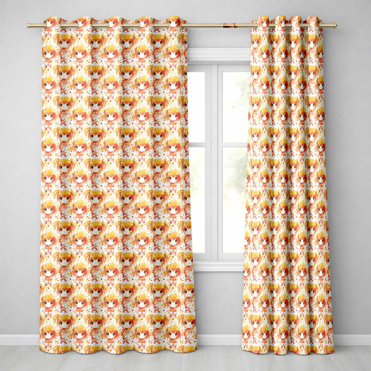 Anime Girl Orange Watercolour Kawaii Character Design Readymade Eyelet Ring Top Thermal 100% Blackout Curtains