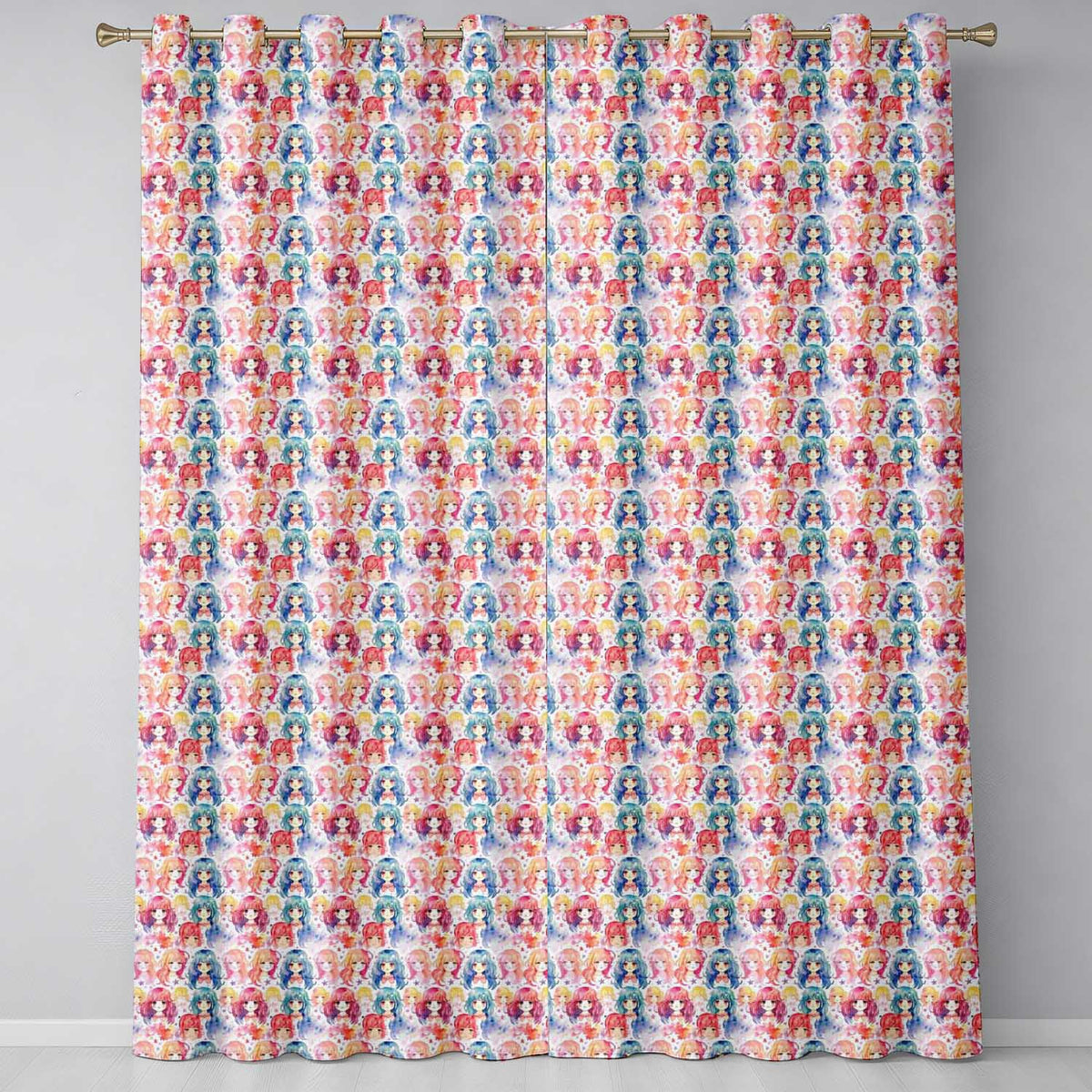Colourful Anime Girls Pastel Star Kawaii Character Design Readymade Eyelet Ring Top Thermal 100% Blackout Curtains
