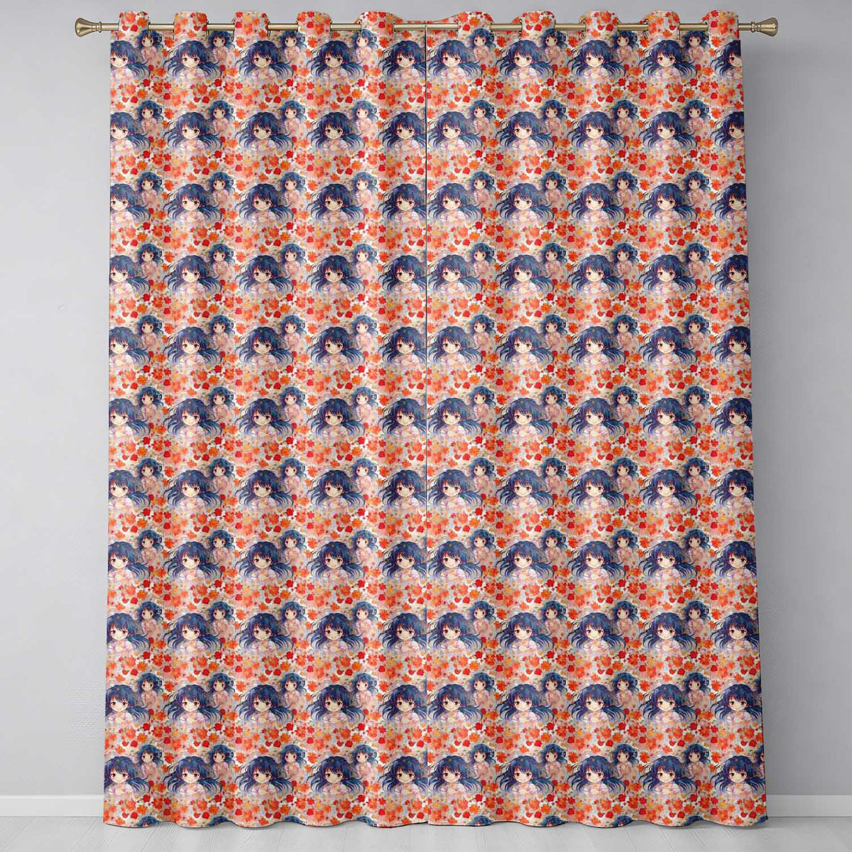 Anime Girl Floral Orange Blue Kawaii Character Design Readymade Eyelet Ring Top Thermal 100% Blackout Curtains