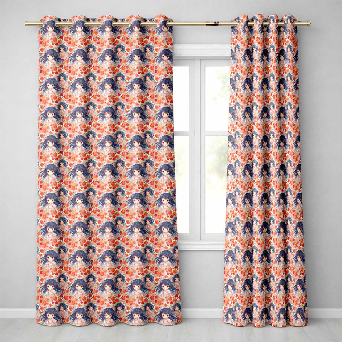 Anime Girl Floral Orange Blue Kawaii Character Design Readymade Eyelet Ring Top Thermal 100% Blackout Curtains