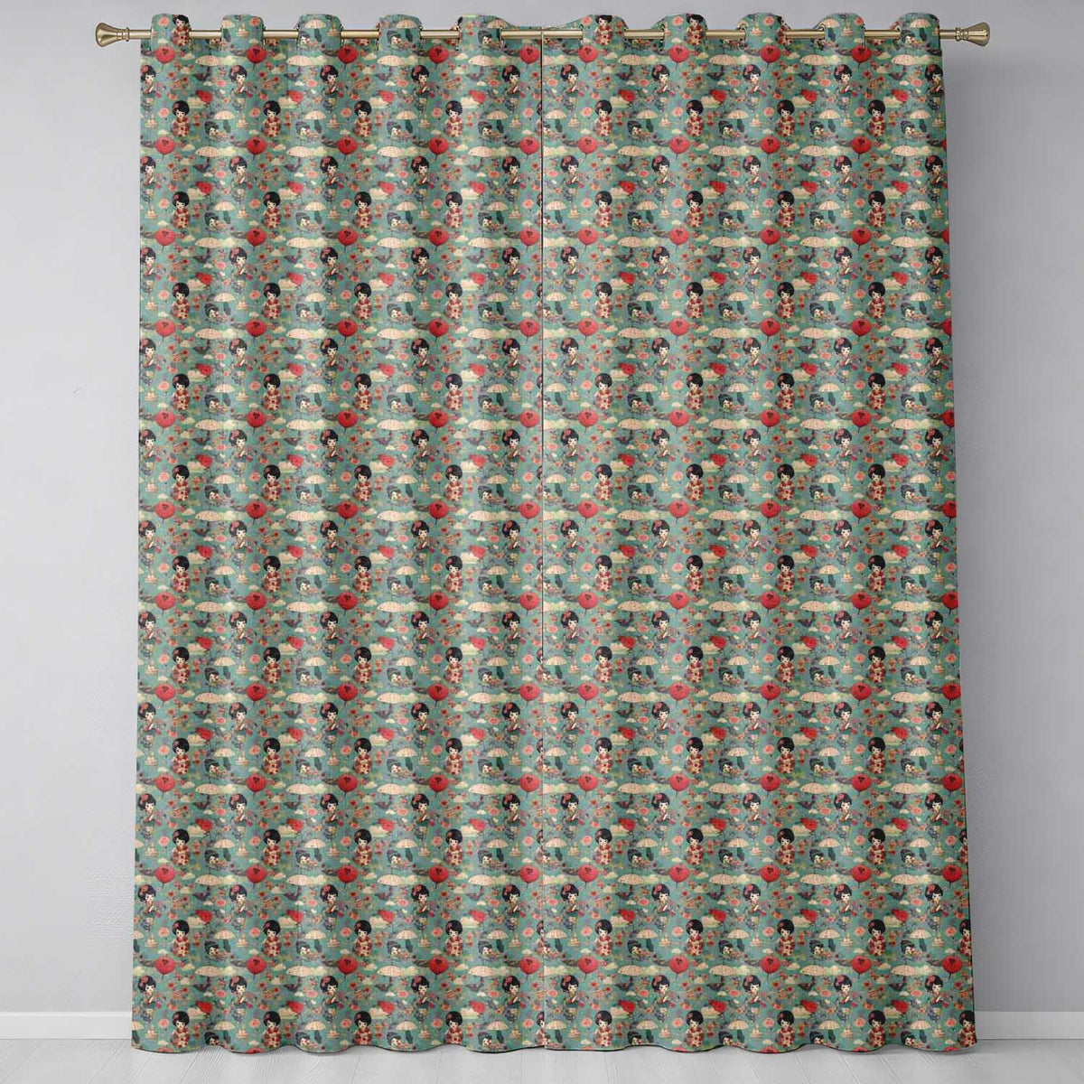 Japanese Doll Umbrella Floral Traditional Style Design Readymade Eyelet Ring Top Thermal 100% Blackout Curtains