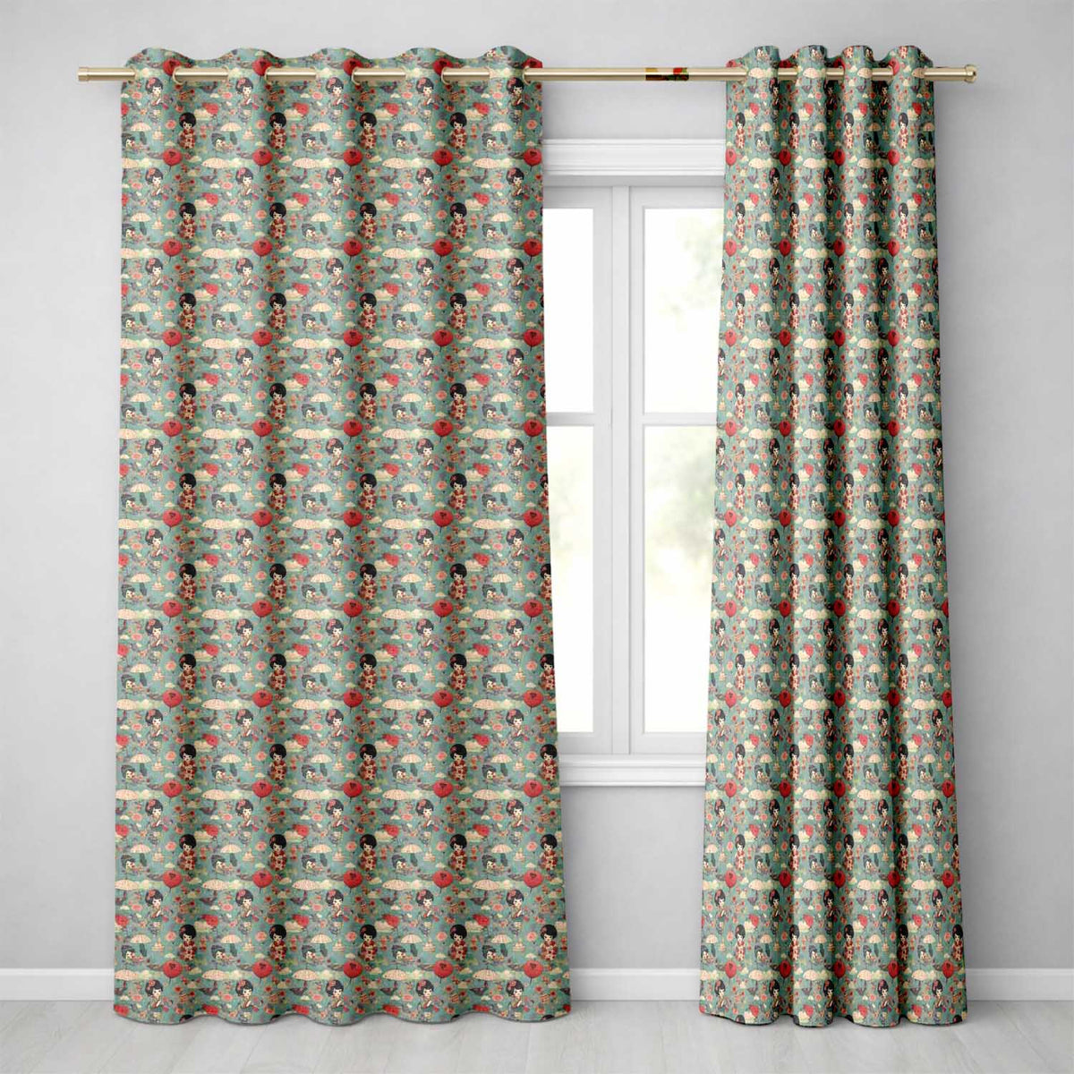 Japanese Doll Umbrella Floral Traditional Style Design Readymade Eyelet Ring Top Thermal 100% Blackout Curtains