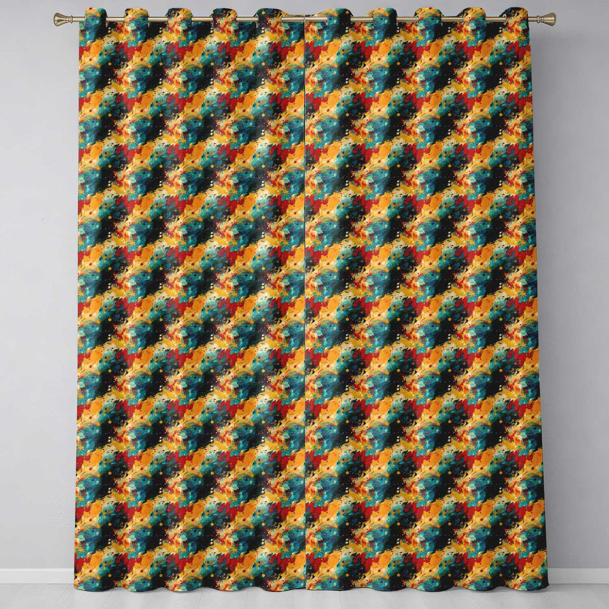 Bold Abstract Paint Splash Teal Mustard Red Flow Readymade Eyelet Ring Top Thermal 100% Blackout Curtains