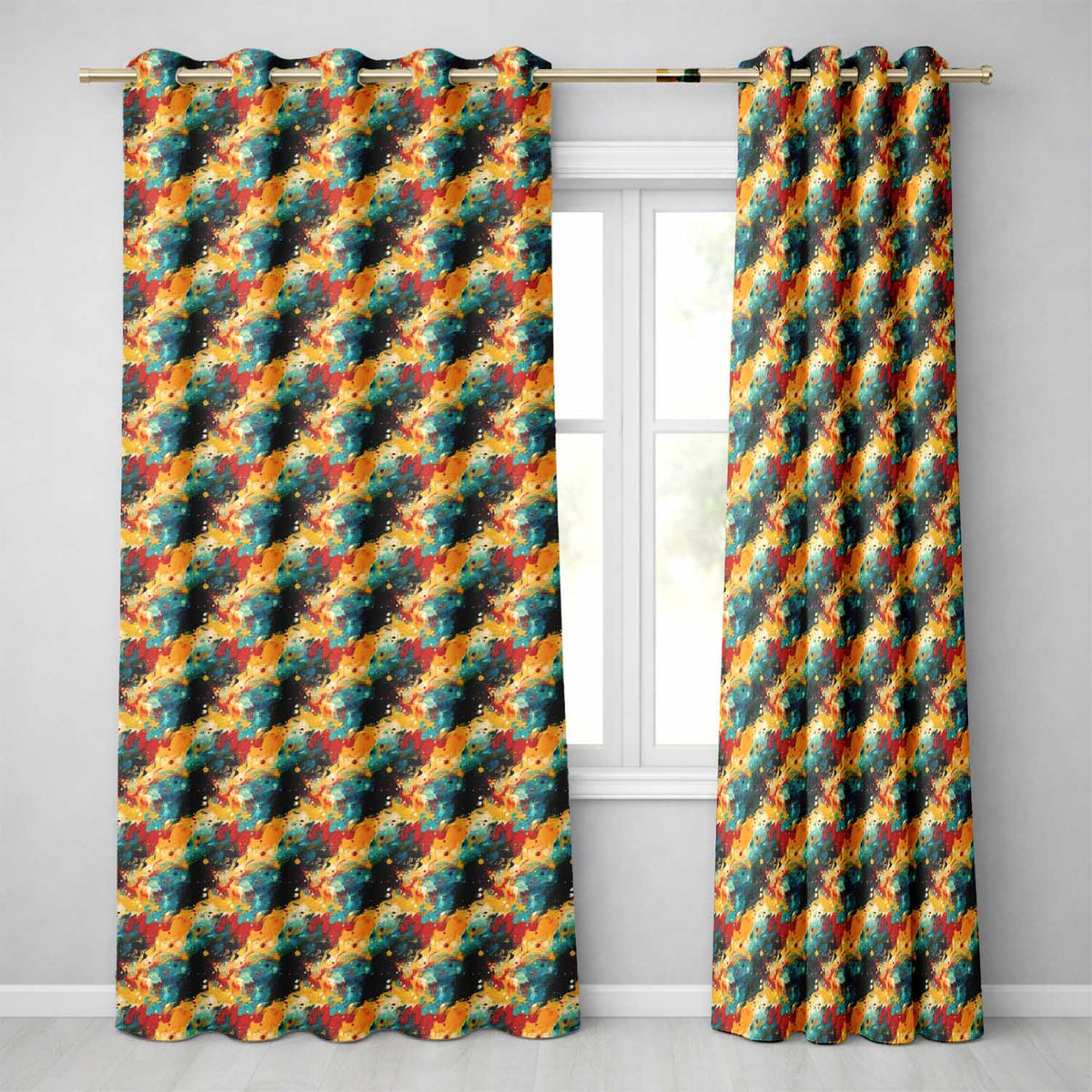 Bold Abstract Paint Splash Teal Mustard Red Flow Readymade Eyelet Ring Top Thermal 100% Blackout Curtains