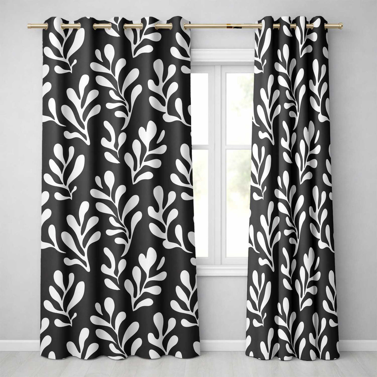 Midnight Botanical Flow Black Cream Abstract Leaf Readymade Eyelet Ring Top Thermal 100% Blackout Curtains