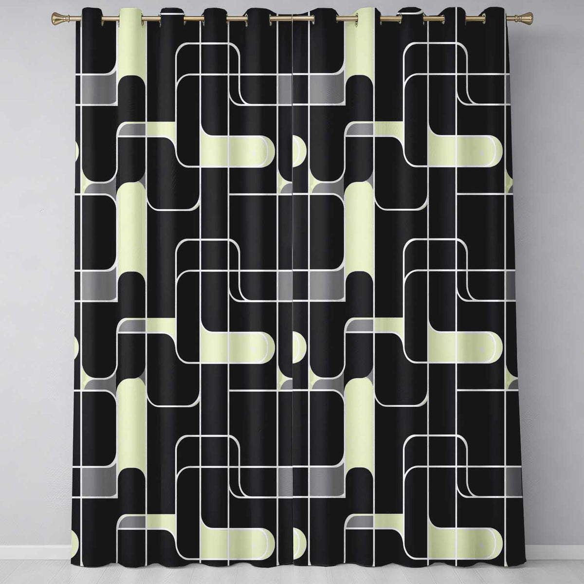 Contemporary Line Grid Black Cream Abstract Outline Readymade Eyelet Ring Top Thermal 100% Blackout Curtains