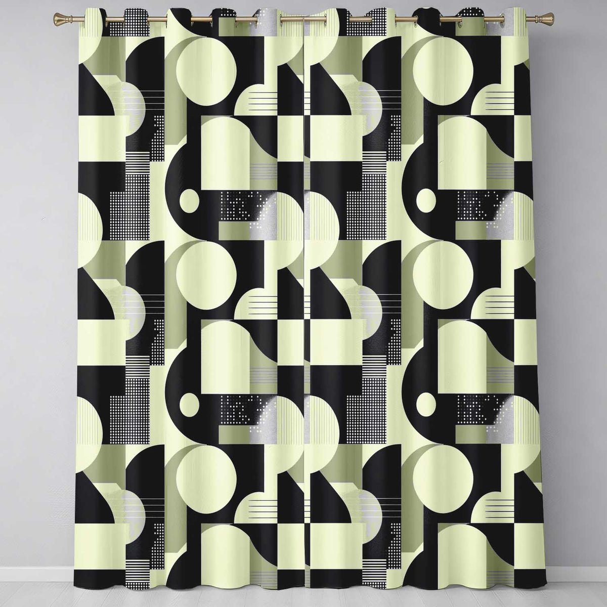 Modern Geometric Circles Black Cream Mid Century Abstract Readymade Eyelet Ring Top Thermal 100% Blackout Curtains