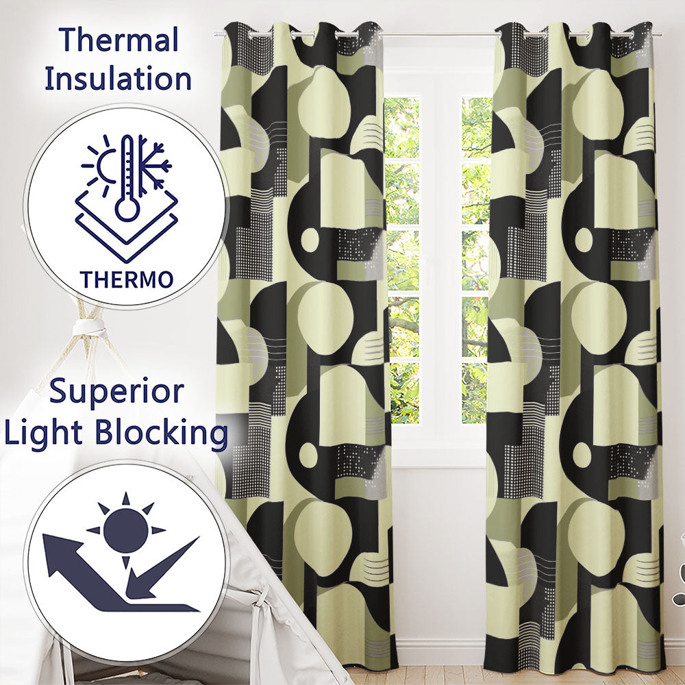 Modern Geometric Circles Black Cream Mid Century Abstract Readymade Eyelet Ring Top Thermal 100% Blackout Curtains