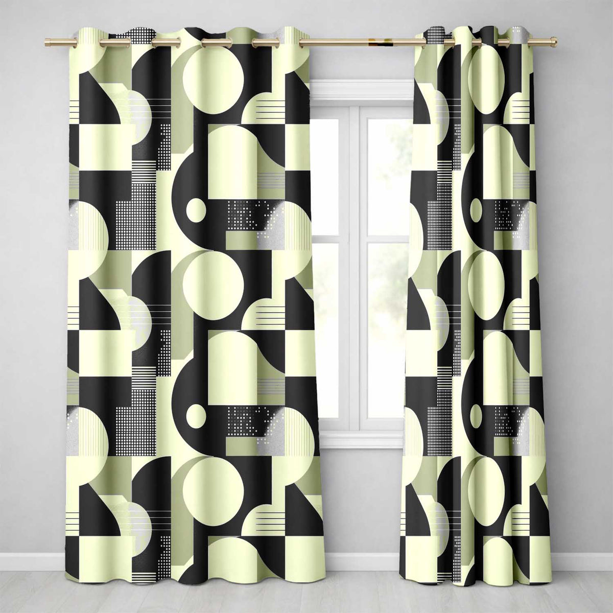 Modern Geometric Circles Black Cream Mid Century Abstract Readymade Eyelet Ring Top Thermal 100% Blackout Curtains