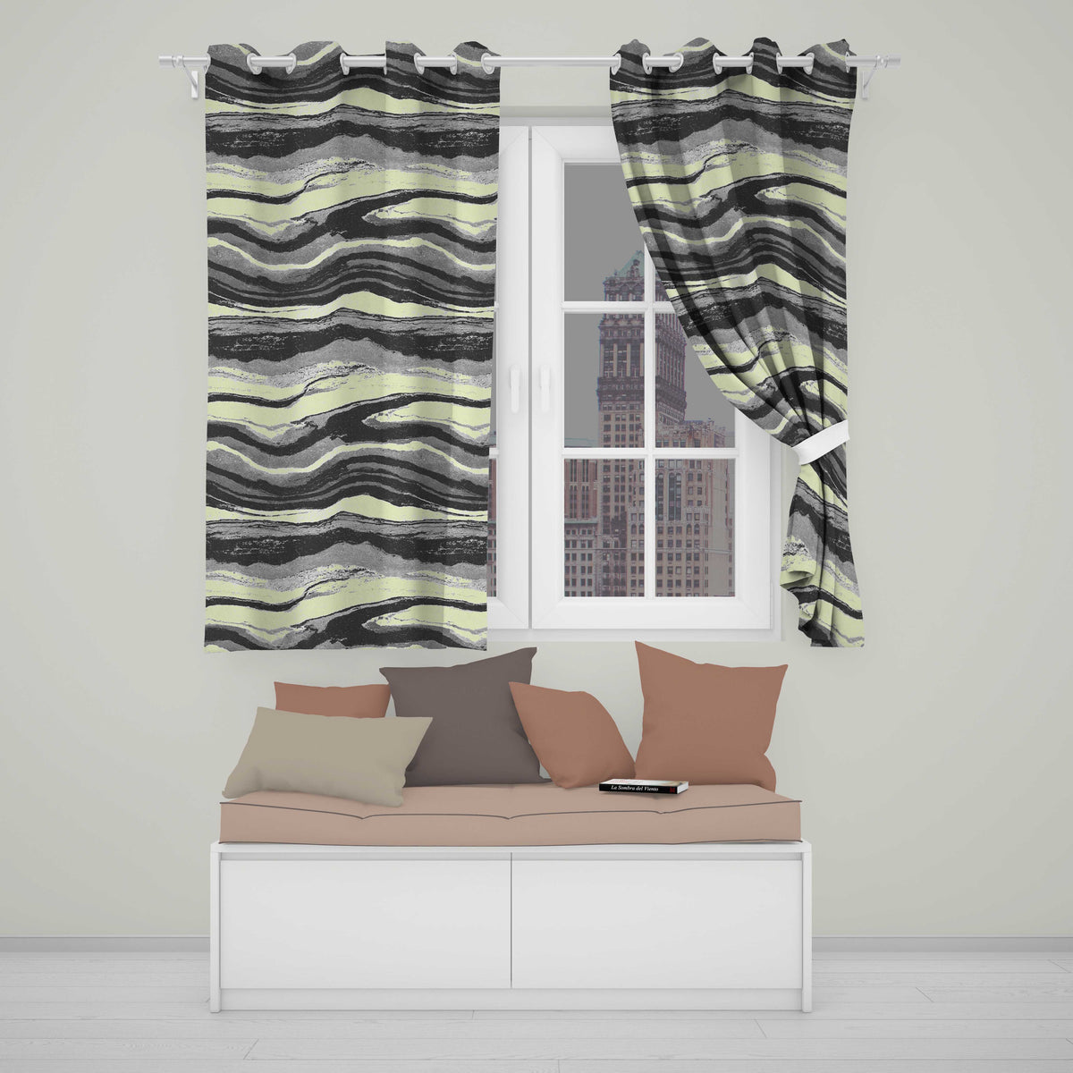 Fine Line Topography Black Cream Abstract Contour Readymade Eyelet Ring Top Thermal 100% Blackout Curtains