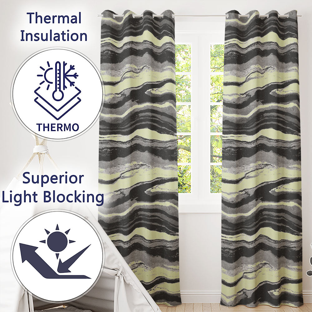 Fine Line Topography Black Cream Abstract Contour Readymade Eyelet Ring Top Thermal 100% Blackout Curtains