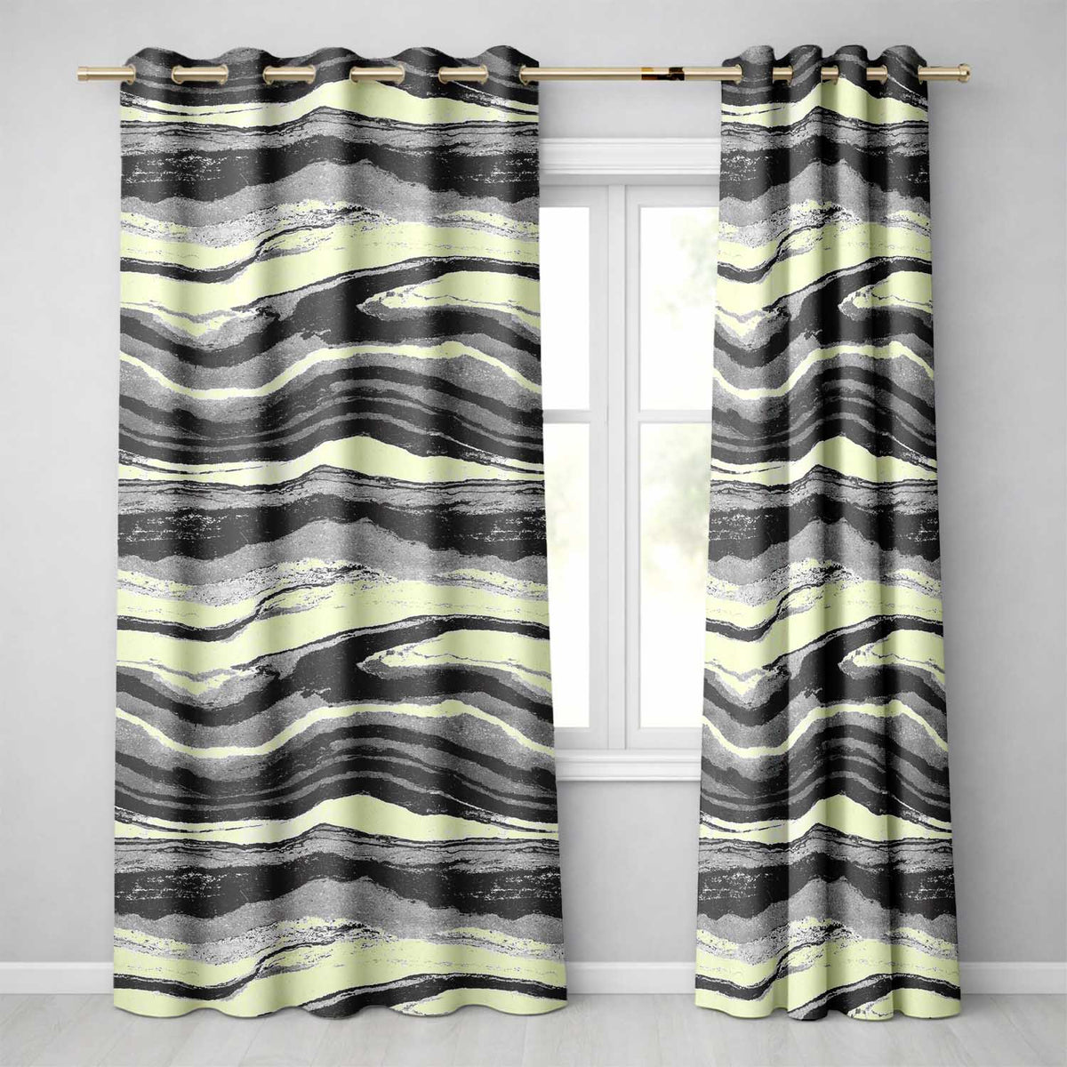 Fine Line Topography Black Cream Abstract Contour Readymade Eyelet Ring Top Thermal 100% Blackout Curtains