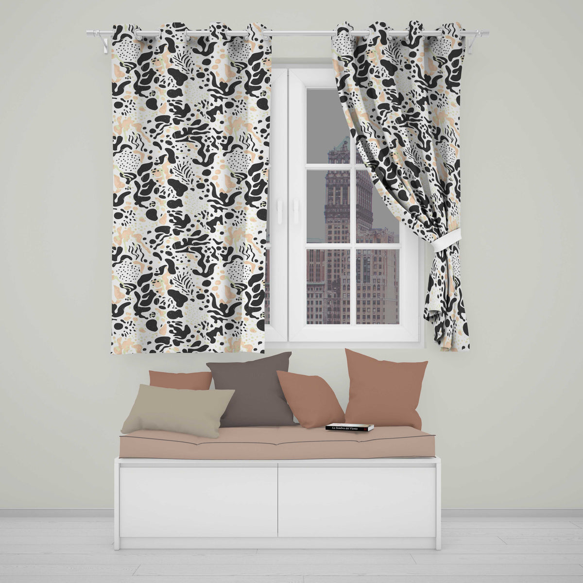 Abstract Organic Blobs Black Beige Modern Artistic Readymade Eyelet Ring Top Thermal 100% Blackout Curtains