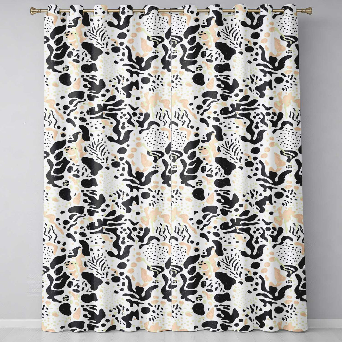 Abstract Organic Blobs Black Beige Modern Artistic Readymade Eyelet Ring Top Thermal 100% Blackout Curtains