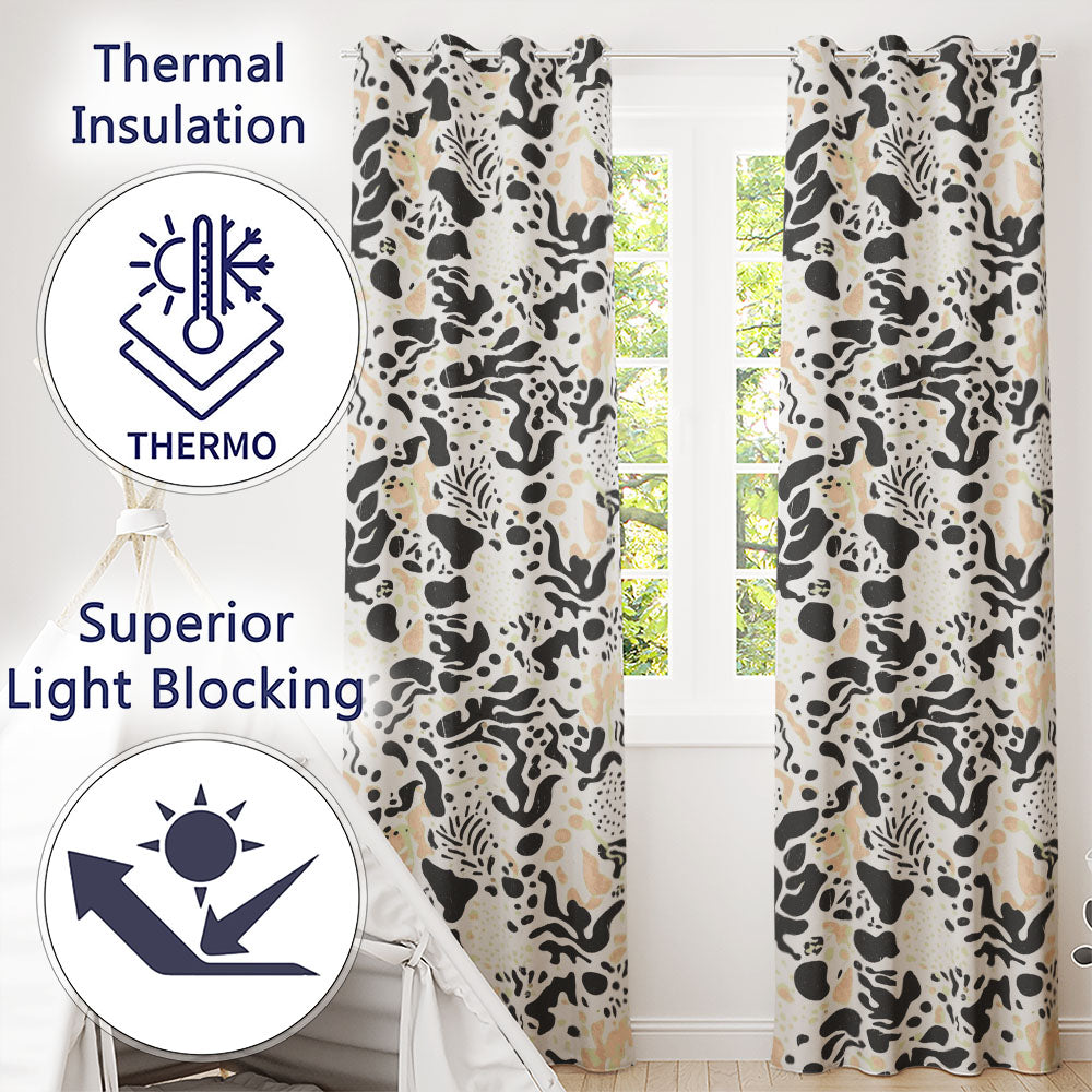 Abstract Organic Blobs Black Beige Modern Artistic Readymade Eyelet Ring Top Thermal 100% Blackout Curtains