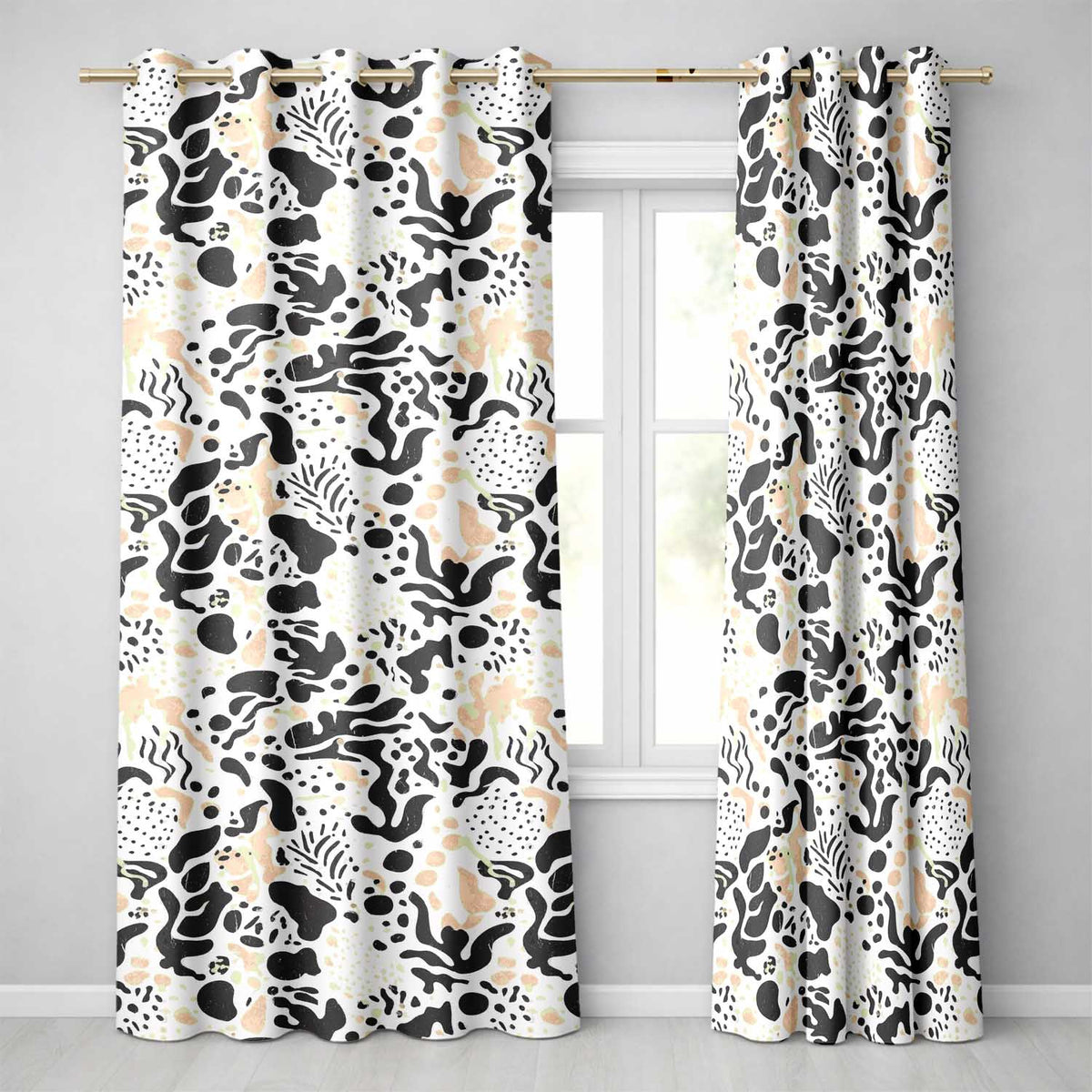 Abstract Organic Blobs Black Beige Modern Artistic Readymade Eyelet Ring Top Thermal 100% Blackout Curtains