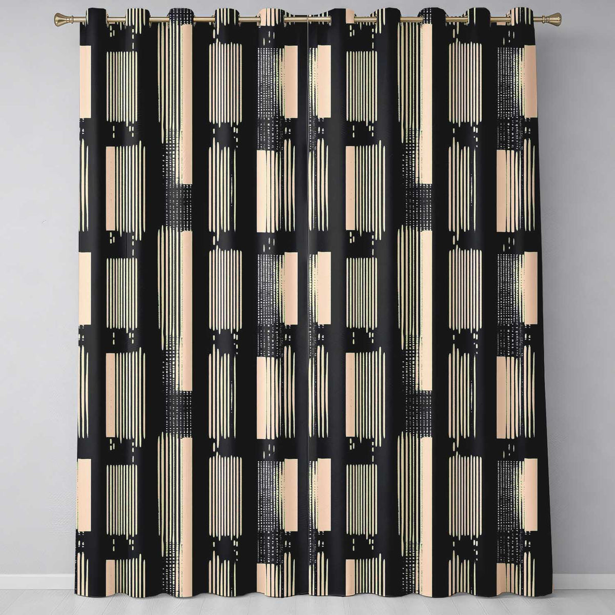 Vertical Stripe Blocks Black Cream Hand Drawn Linear Readymade Eyelet Ring Top Thermal 100% Blackout Curtains