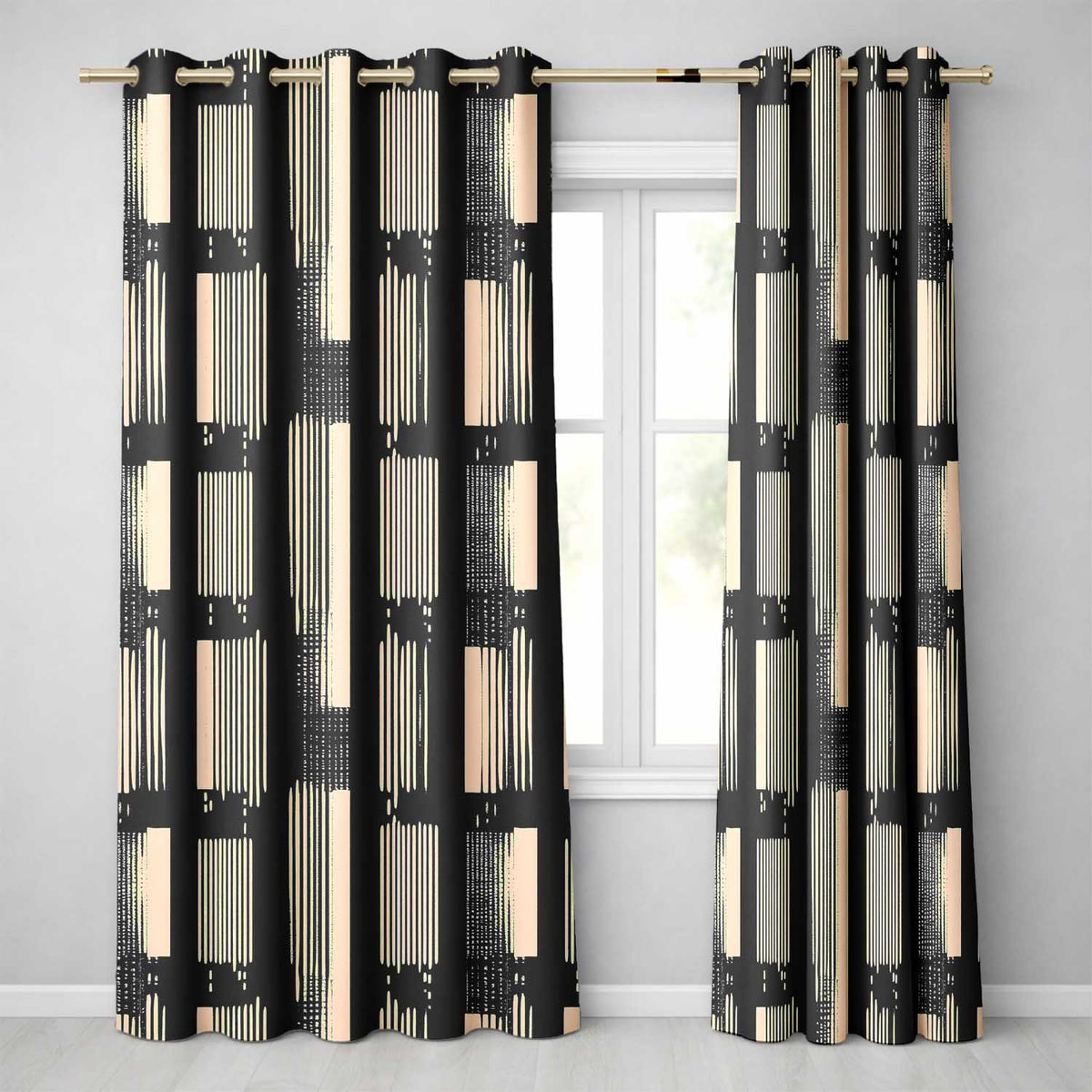 Vertical Stripe Blocks Black Cream Hand Drawn Linear Readymade Eyelet Ring Top Thermal 100% Blackout Curtains