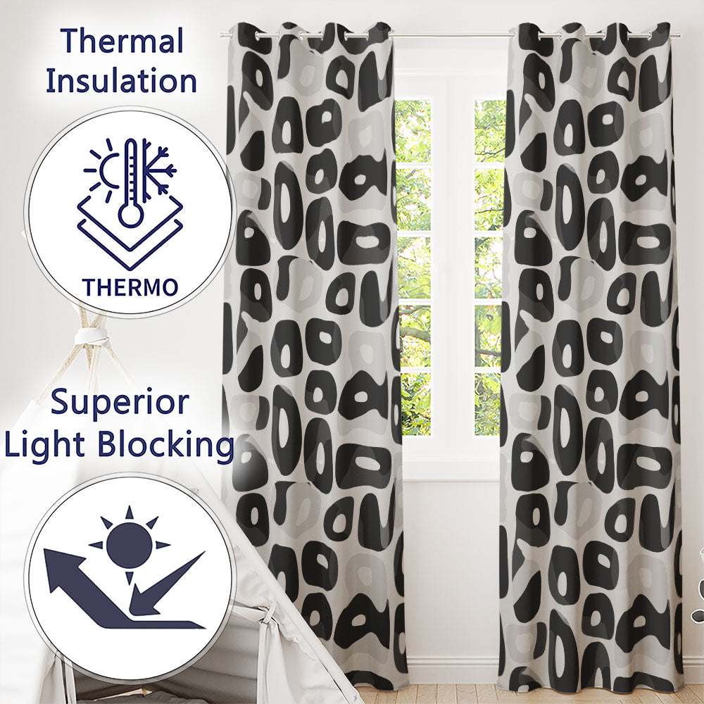 Soft Rounded Shapes Black Grey Minimal Abstract Readymade Eyelet Ring Top Thermal 100% Blackout Curtains