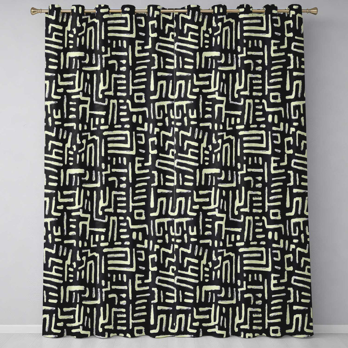 Tribal Maze Lines Black Cream Geometric Abstract Readymade Eyelet Ring Top Thermal 100% Blackout Curtains