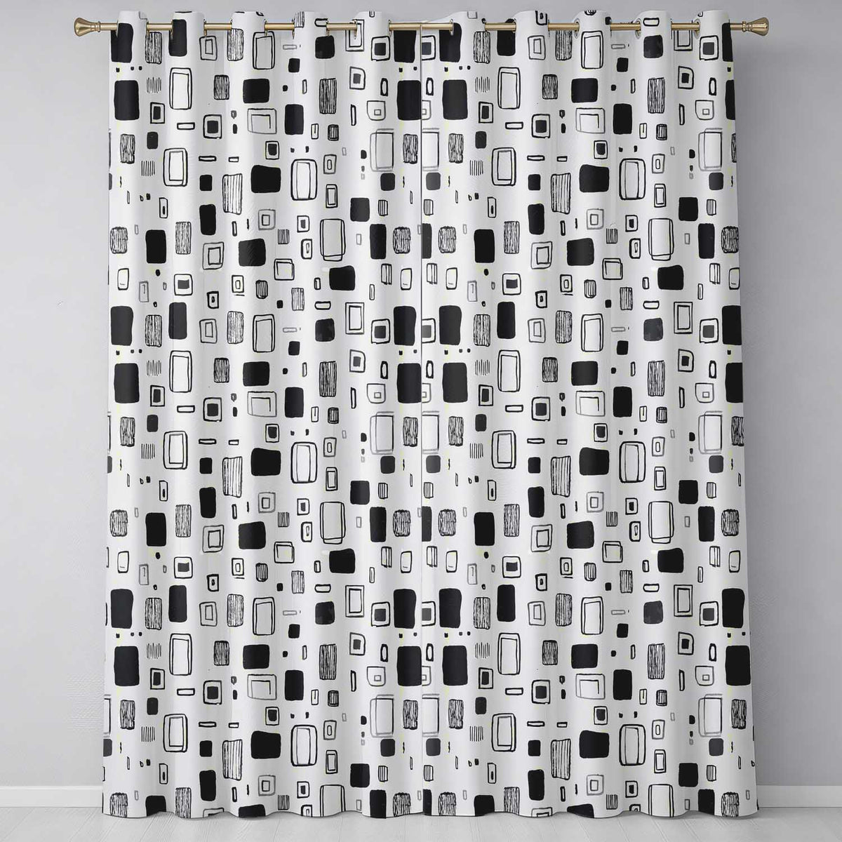 Scattered Rectangle Doodles Black Grey Minimal Geometric Readymade Eyelet Ring Top Thermal 100% Blackout Curtains