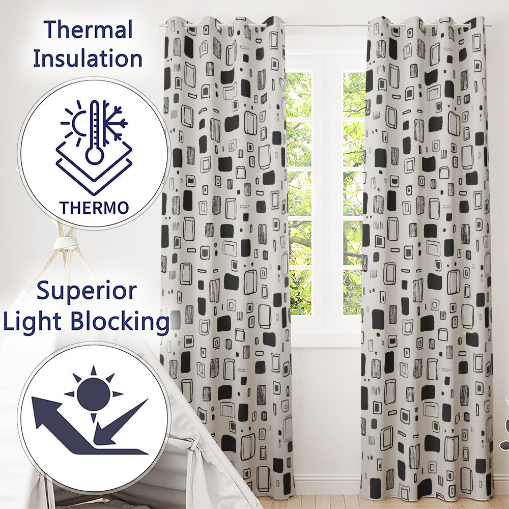 Scattered Rectangle Doodles Black Grey Minimal Geometric Readymade Eyelet Ring Top Thermal 100% Blackout Curtains