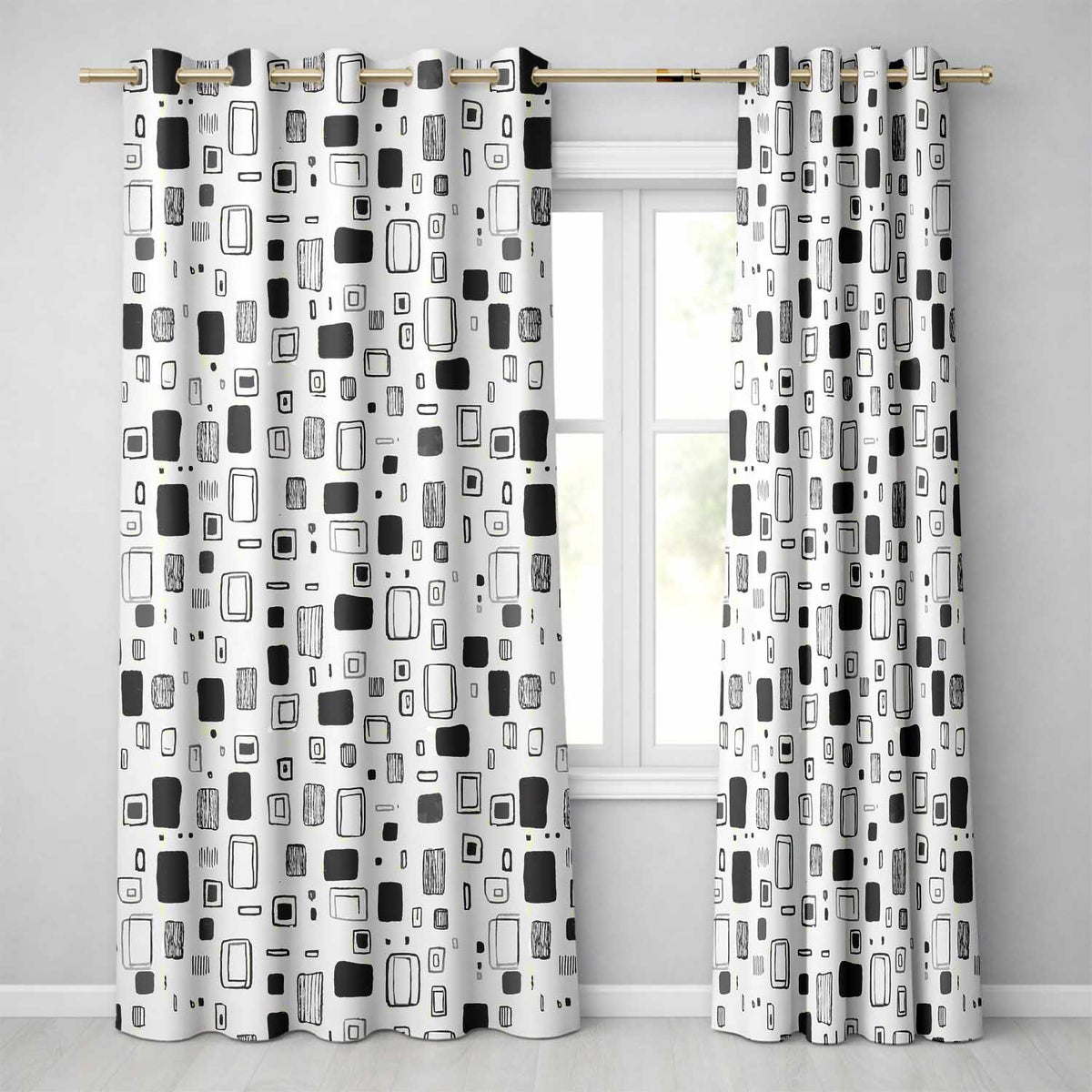 Scattered Rectangle Doodles Black Grey Minimal Geometric Readymade Eyelet Ring Top Thermal 100% Blackout Curtains