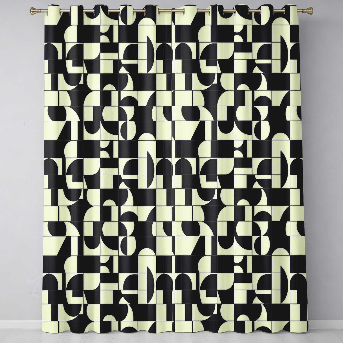 Abstract Cutout Grid Black Cream Modern Geometric Readymade Eyelet Ring Top Thermal 100% Blackout Curtains