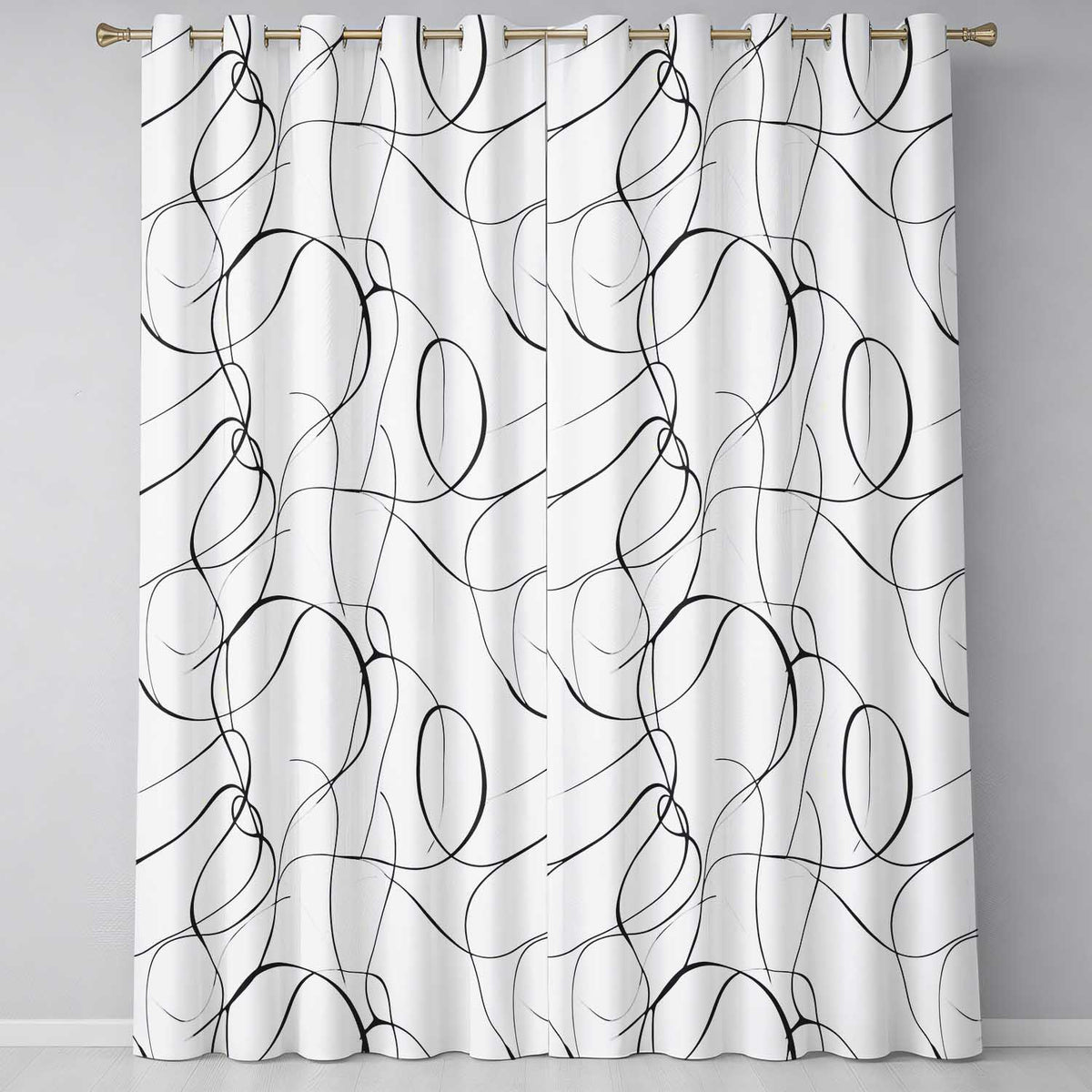 Continuous Line Art Black Cream Minimal Abstract Readymade Eyelet Ring Top Thermal 100% Blackout Curtains