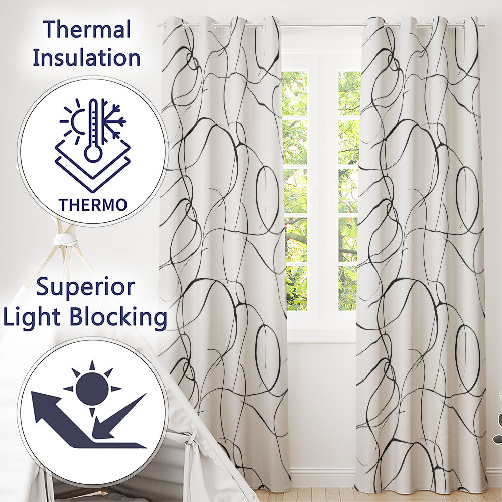 Continuous Line Art Black Cream Minimal Abstract Readymade Eyelet Ring Top Thermal 100% Blackout Curtains