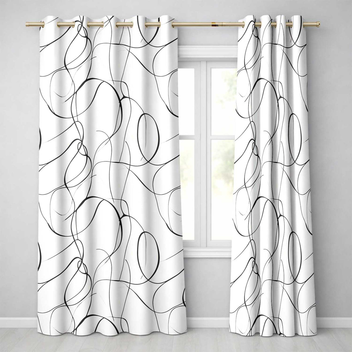 Continuous Line Art Black Cream Minimal Abstract Readymade Eyelet Ring Top Thermal 100% Blackout Curtains