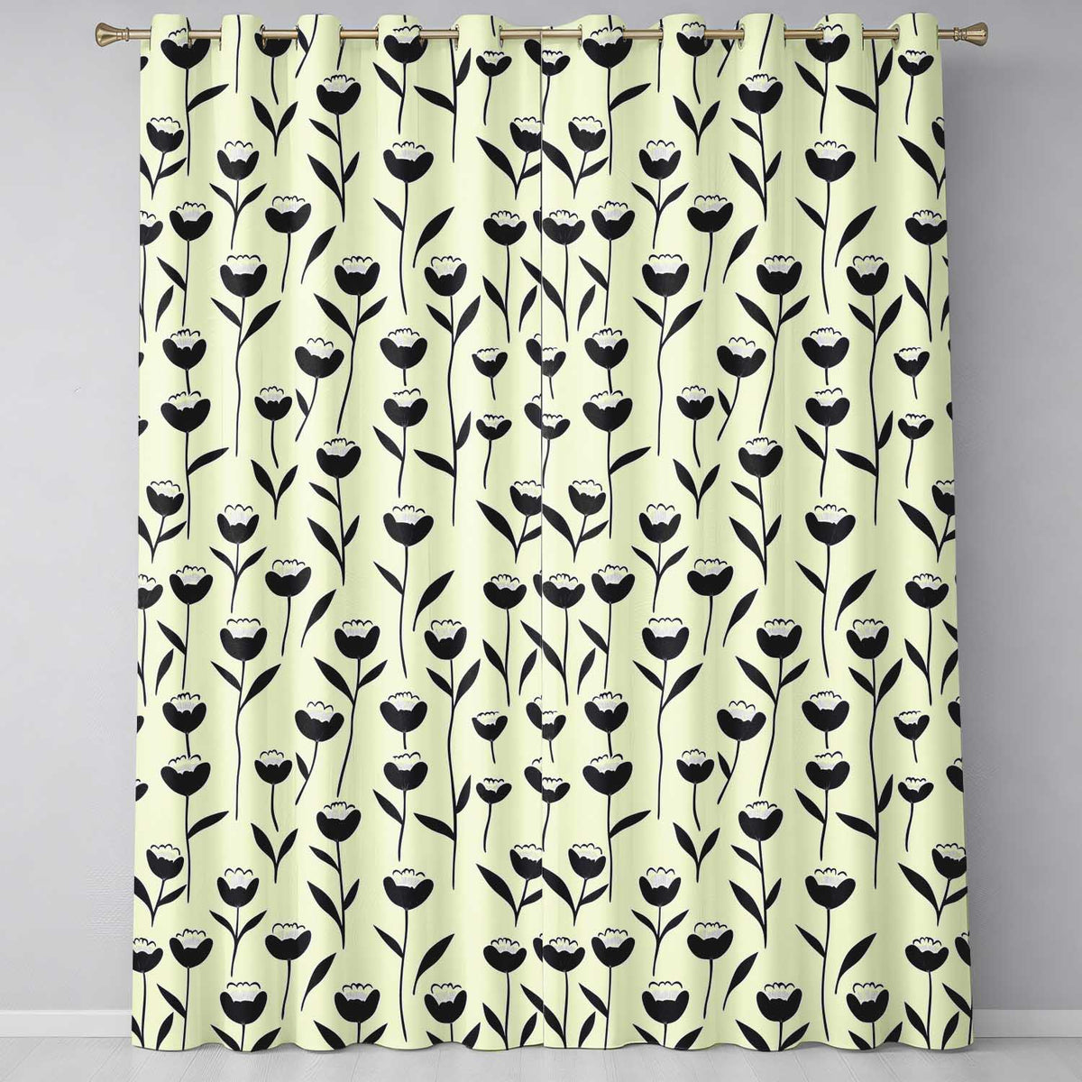 Scandinavian Floral Stems Black Cream Simple Flower Readymade Eyelet Ring Top Thermal 100% Blackout Curtains