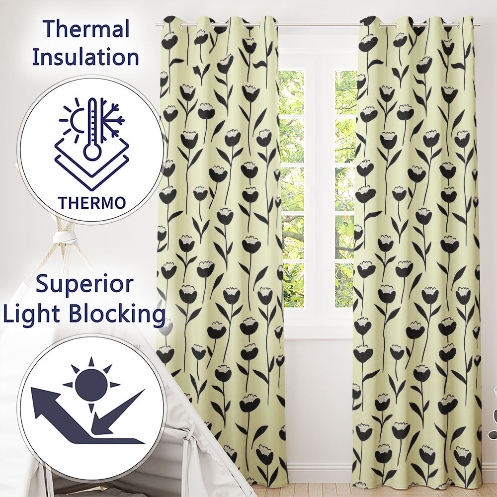 Scandinavian Floral Stems Black Cream Simple Flower Readymade Eyelet Ring Top Thermal 100% Blackout Curtains