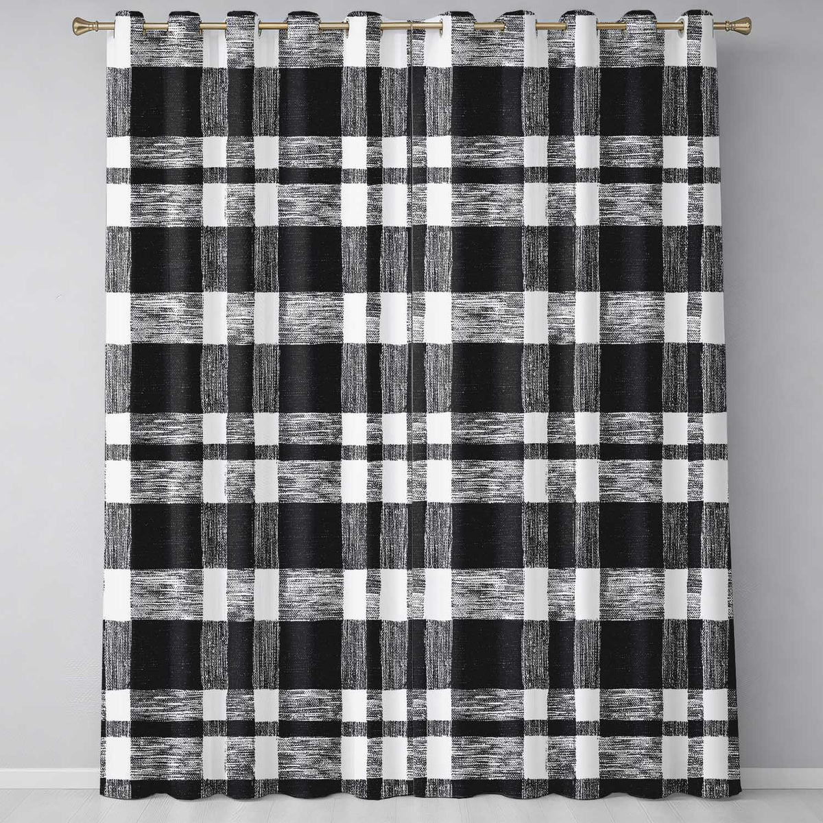Textured Brush Check Black Cream Abstract Grid Readymade Eyelet Ring Top Thermal 100% Blackout Curtains