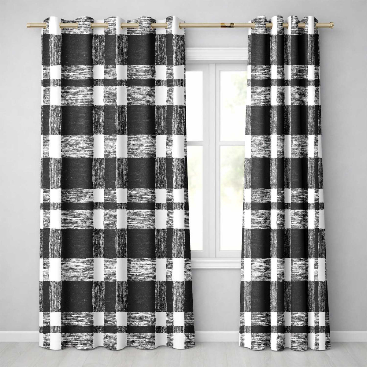 Textured Brush Check Black Cream Abstract Grid Readymade Eyelet Ring Top Thermal 100% Blackout Curtains