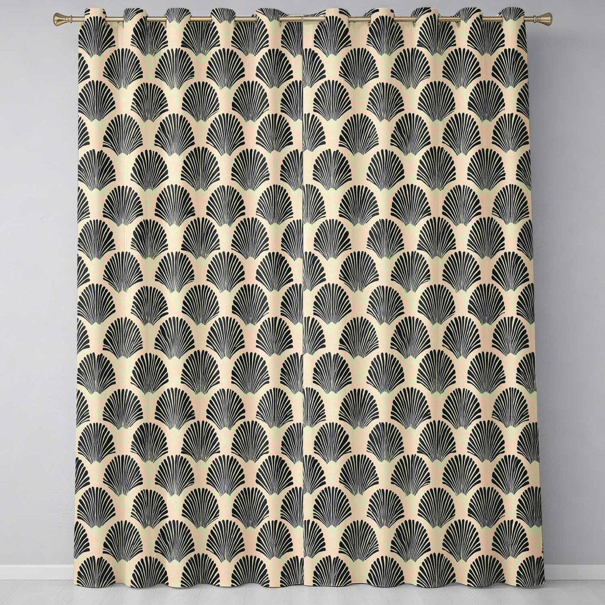 Scallop Fan Shell Black Cream ArtDeco Pattern Readymade Eyelet Ring Top Thermal 100% Blackout Curtains