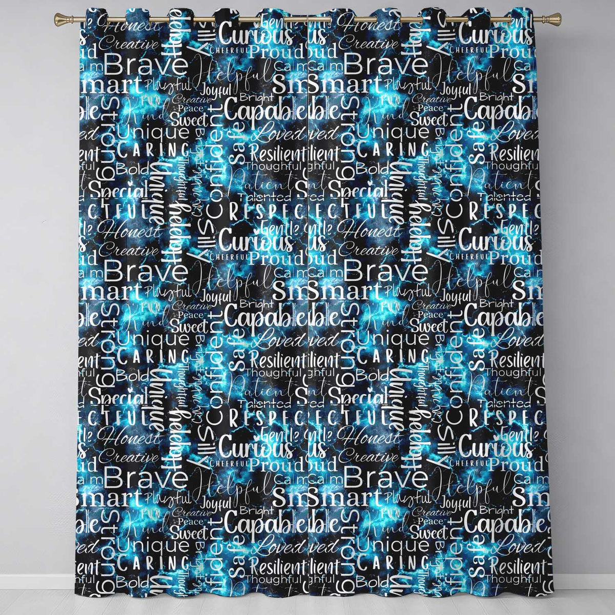 Galaxy Marble Typography Blue Black Motivational Word Readymade Eyelet Ring Top Thermal 100% Blackout Curtains