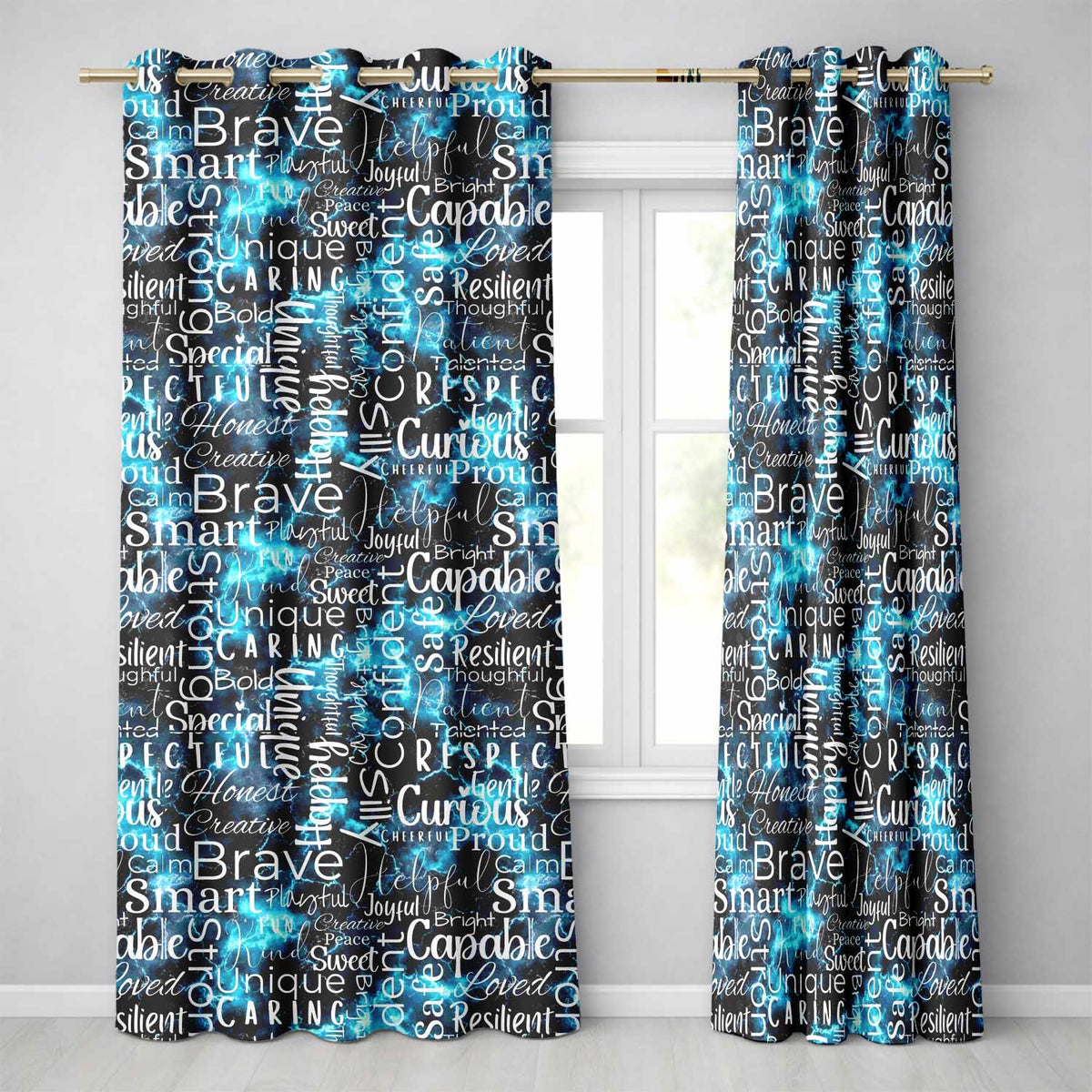 Galaxy Marble Typography Blue Black Motivational Word Readymade Eyelet Ring Top Thermal 100% Blackout Curtains