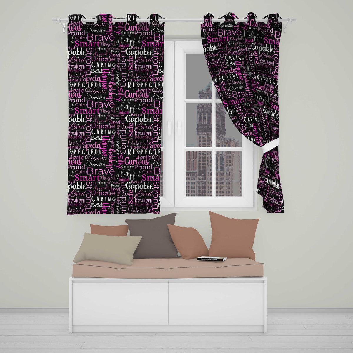 Pink Glitter Typography Black Motivational Word Readymade Eyelet Ring Top Thermal 100% Blackout Curtains