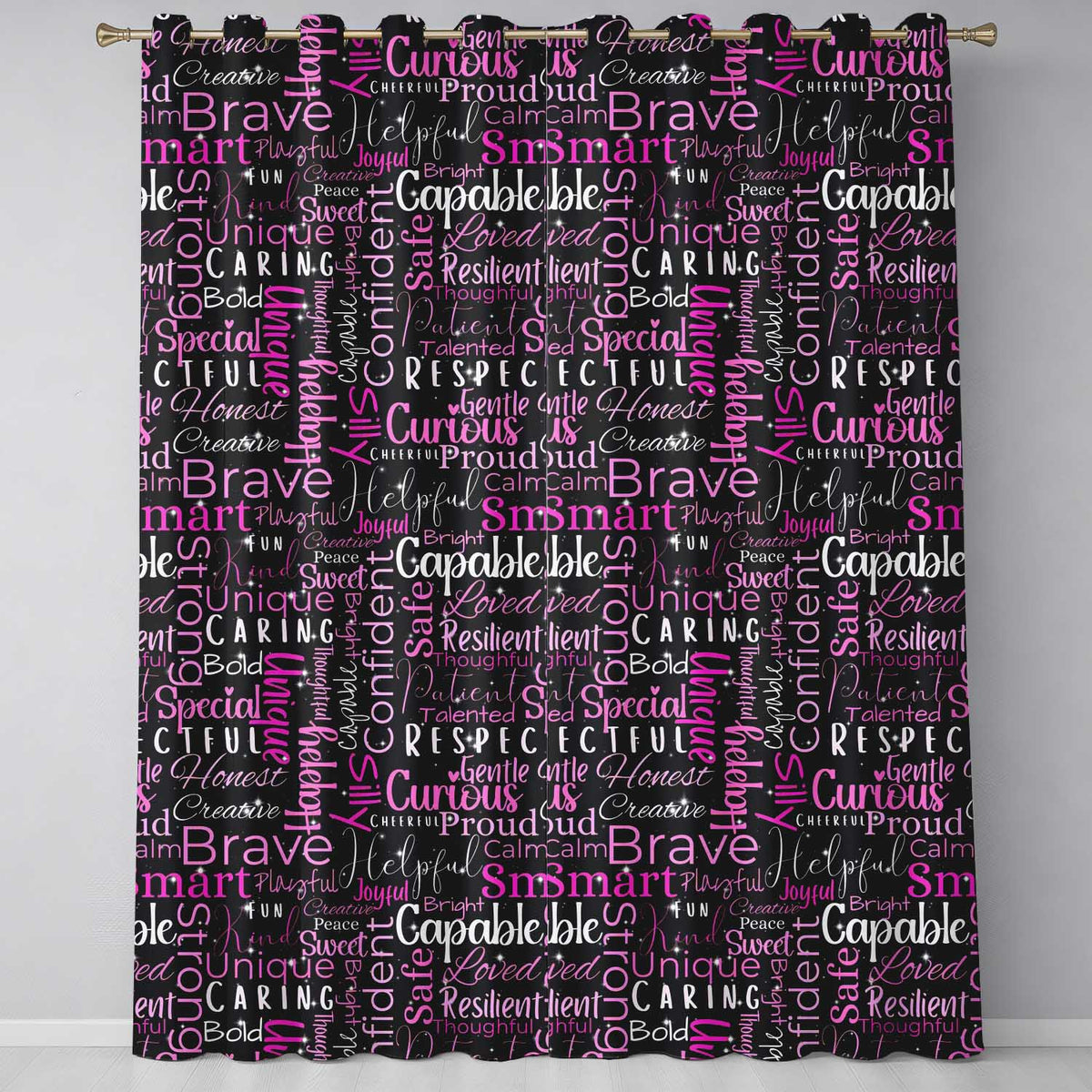 Pink Glitter Typography Black Motivational Word Readymade Eyelet Ring Top Thermal 100% Blackout Curtains