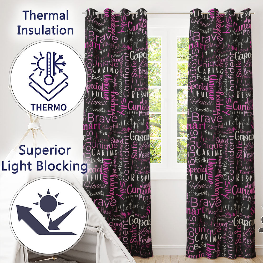 Pink Glitter Typography Black Motivational Word Readymade Eyelet Ring Top Thermal 100% Blackout Curtains