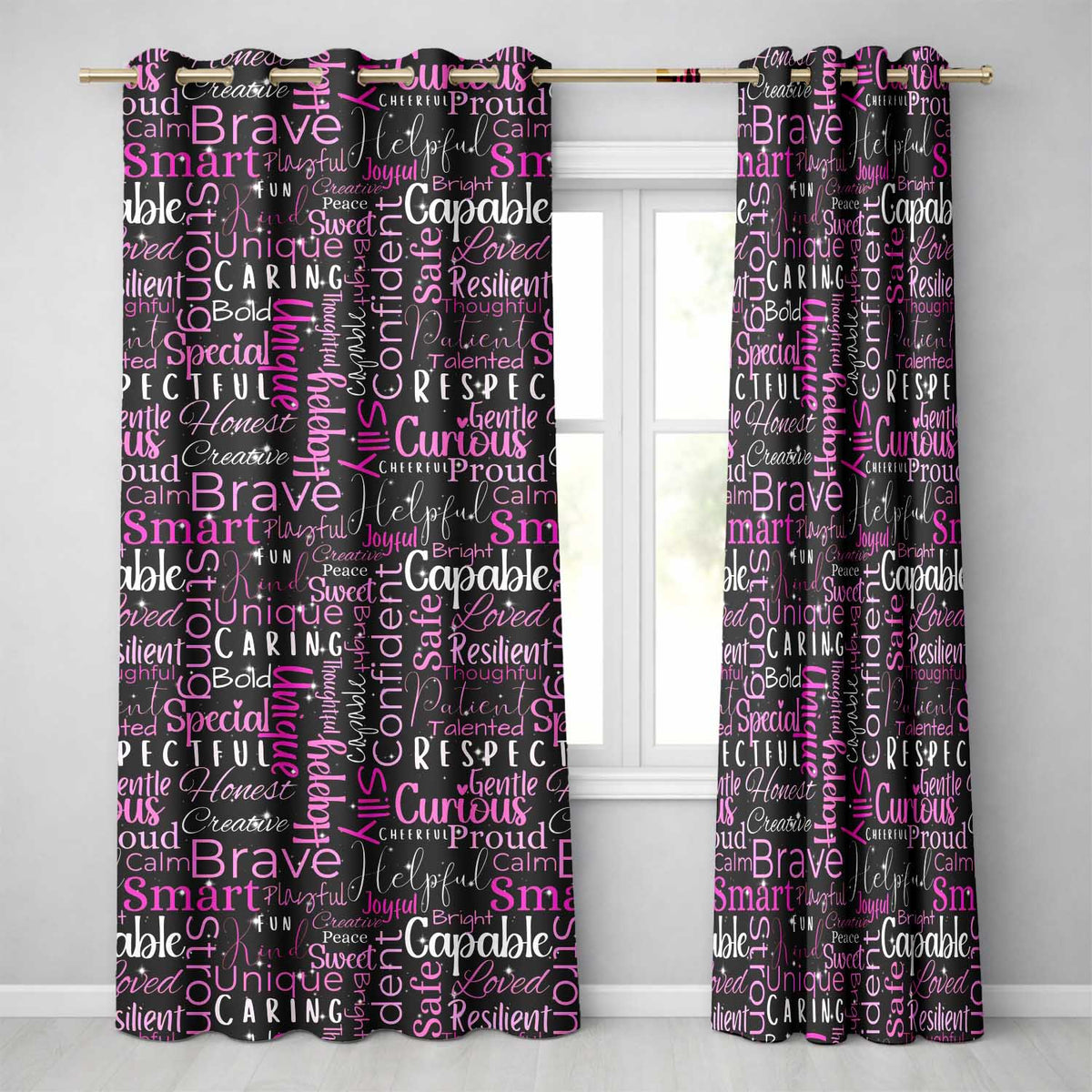 Pink Glitter Typography Black Motivational Word Readymade Eyelet Ring Top Thermal 100% Blackout Curtains