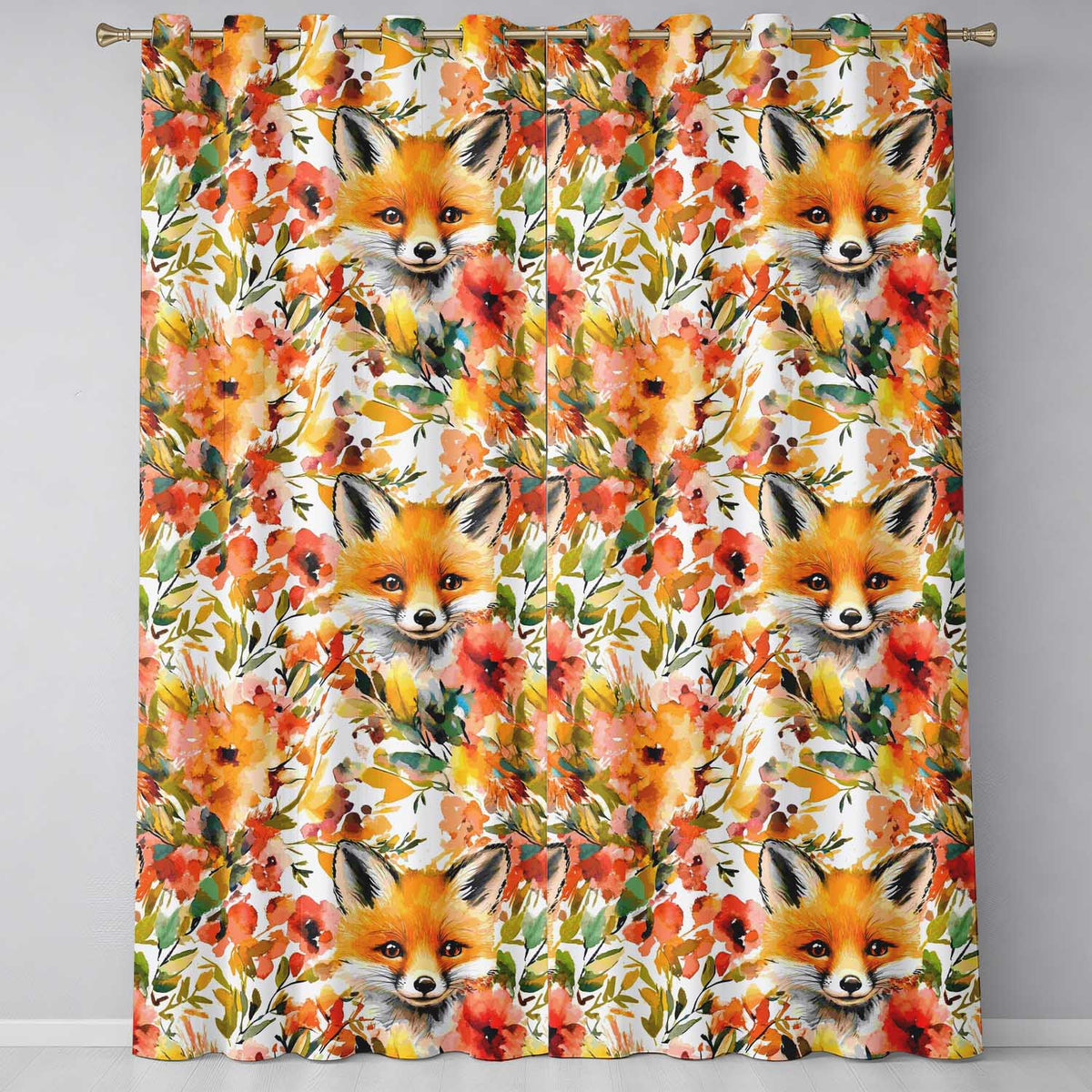 Watercolor Fox Floral Artistic Pattern Readymade Eyelet Ring Top Thermal 100% Blackout Curtains