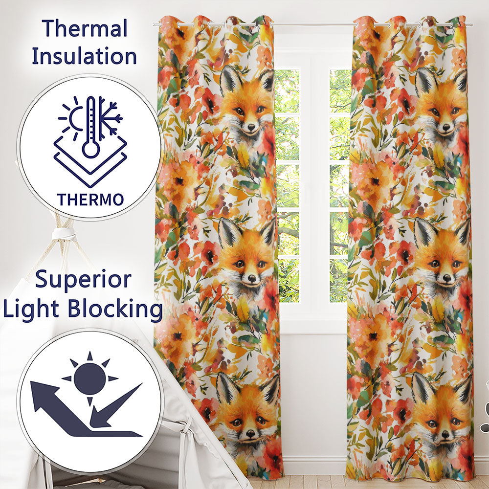 Watercolor Fox Floral Artistic Pattern Readymade Eyelet Ring Top Thermal 100% Blackout Curtains