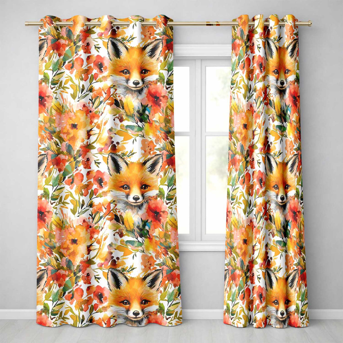 Watercolor Fox Floral Artistic Pattern Readymade Eyelet Ring Top Thermal 100% Blackout Curtains
