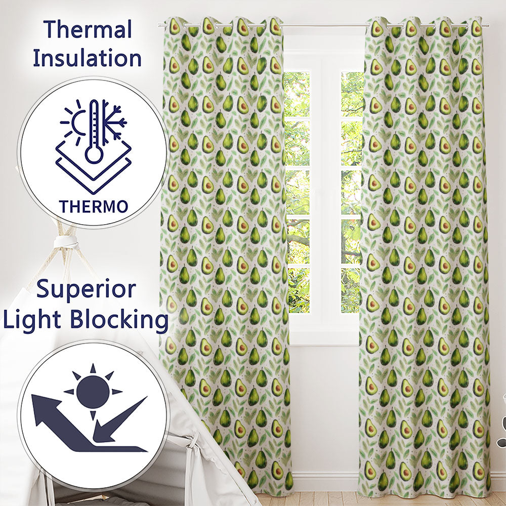 Watercolor Avocado Botanical Pattern Readymade Eyelet Ring Top Thermal 100% Blackout Curtains