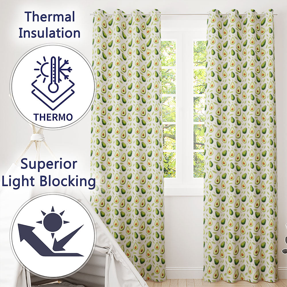 Light Botanical Avocado Leaf Pattern Readymade Eyelet Ring Top Thermal 100% Blackout Curtains