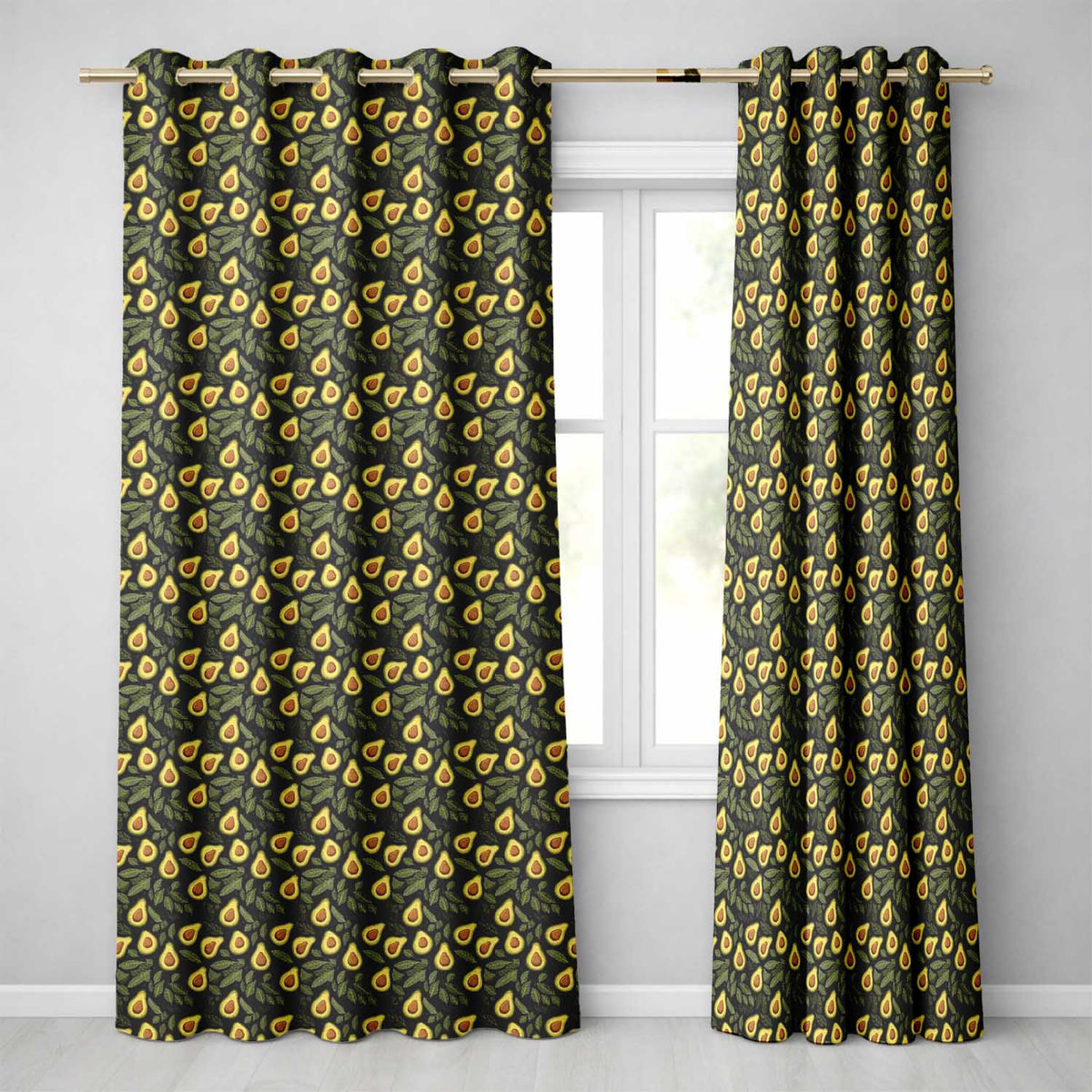 Dark Avocado Leaf Seamless Black Background Dense Botanical Design Readymade Eyelet Ring Top Thermal 100% Blackout Curtains