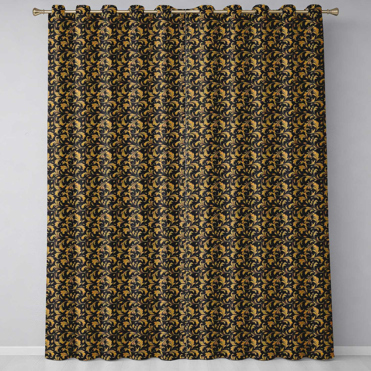 Golden Ornamental Baroque Seamless Classic Luxury Vintage Textile Design Readymade Eyelet Ring Top Thermal 100% Blackout Curtains